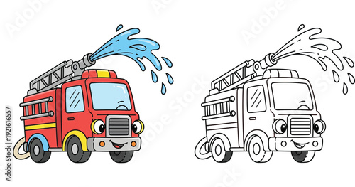 Cute cartoon red fire truck spraying water illustration. Includes colorful version and black and white line art for kids coloring book page.