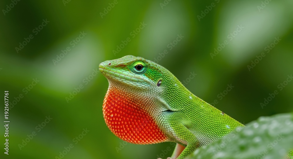 Fototapeta premium Green Lizard with Red Throat Closeup Portrait.