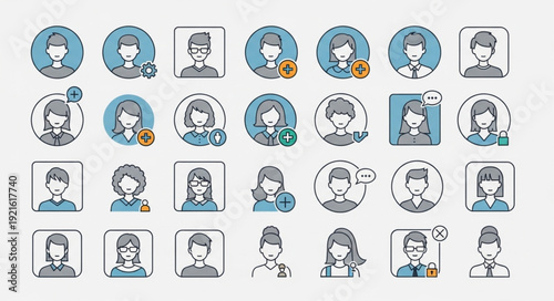 Collection of Diverse User Profile Icons with Various Emotions and Statuses.