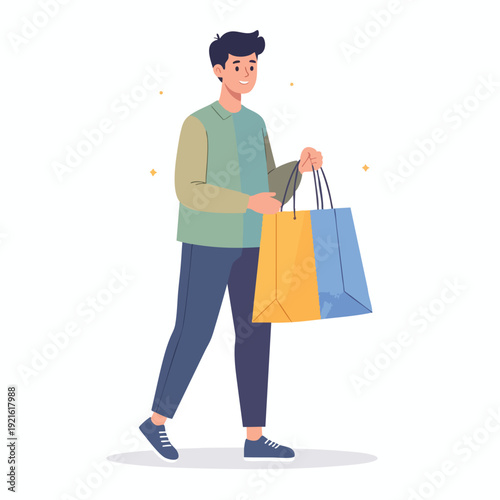 Man walking with shopping bags in a casual stroll outdoors on a sunny day from a side view