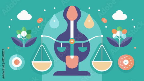 Environmental protection concept with balance scale water drop and green plants in flat vector style on teal background