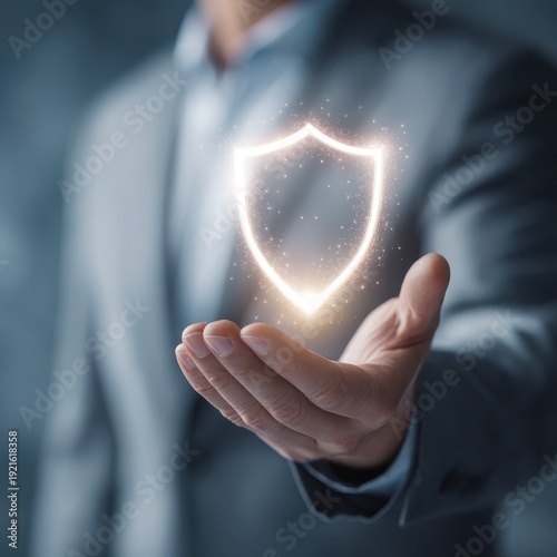 Man Holding Glowing Shield Symbol in Hand, Cybersecurity Concept