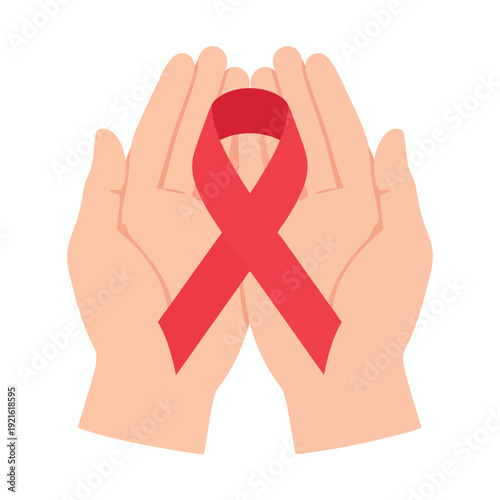 Hands holding a red ribbon symbolizing awareness and support for a social cause, illustration of care and compassion