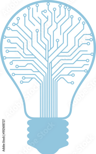 Light blue light bulb with internal circuit board design on transparent background