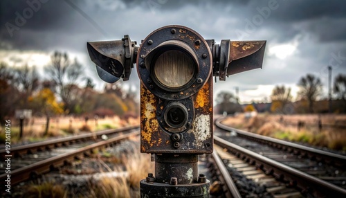 A detailed photographic capture of a deactivated, weathered, and unmoving railway signal arm standing by abandoned rail under overcast daylight, by FlyPro Firefly.