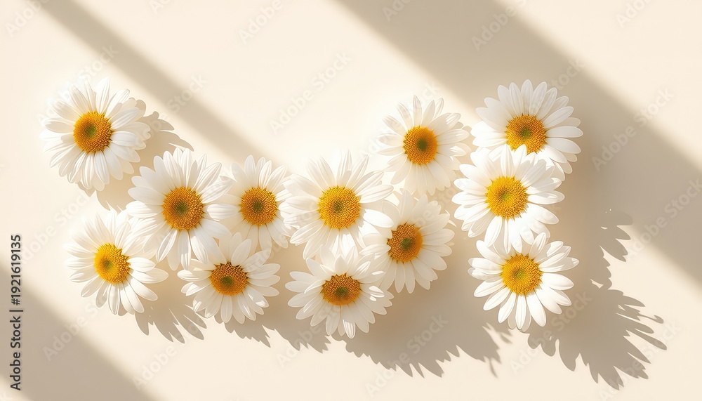 Fototapeta premium Delicate blossoms in serene arrangement exhibit crisp white petals and golden centers under gentle light, casting soft shadows on the neutral backdrop