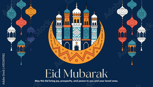 Vibrant Eid Mubarak celebration with mosque and lanterns