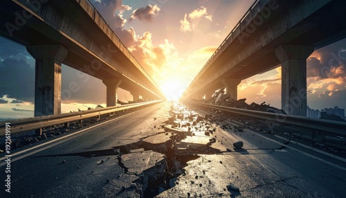 FlyPro Firefly: Fragmented concrete overpass roadway crumbling into a vast void below, captured in stunning photorealistic DSLR style from project precip_95db98_1.