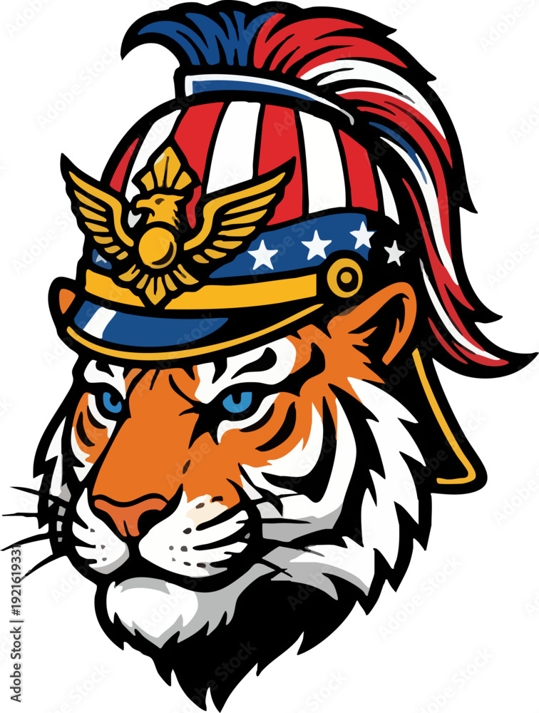Obraz premium Tiger Head Mascot in Patriotic American Flag Helmet