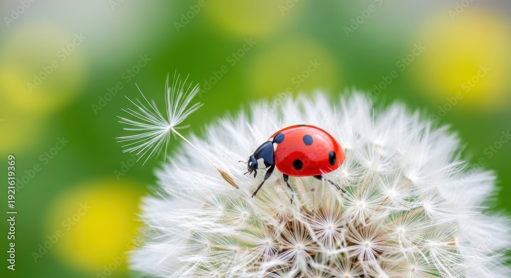 Obraz premium Ladybug on Dandelion Closeup Macro Shot.