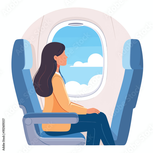 Woman sitting alone on an airplane gazing out the window at clouds during flight