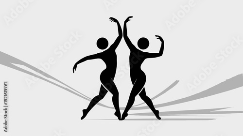 Graceful Silhouette Dancers: Two elegant dancers, captured in striking silhouette, perform a captivating dance, their forms perfectly poised and expressive against the minimalist backdrop.