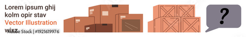 Logistics, supply chain, warehouse management, inventory tracking, shipping, problem-solving. Several stacks of cardboard boxes and wooden crates. Logistics and supply chain management concept