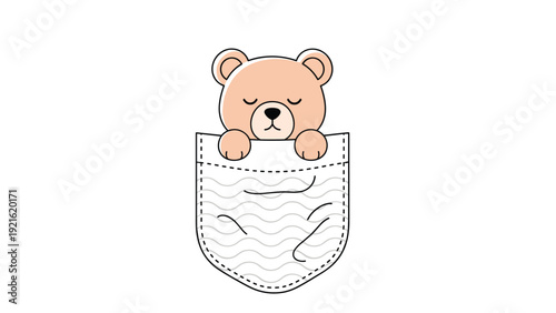Adorable small teddy bear with closed eyes is peacefully peeking out from a white wavy-patterned pocket on a plain background.