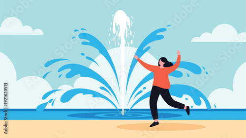 Happy woman celebrating on a sunny beach with a giant water fountain splashing in the background for vacation and travel themes.