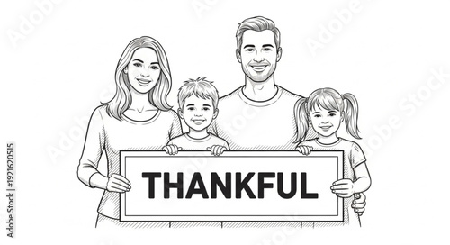 Family Holding Thankful Sign Together.