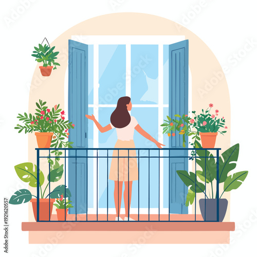 A woman stands on a balcony surrounded by plants, opening a blue door to reveal a serene scene.