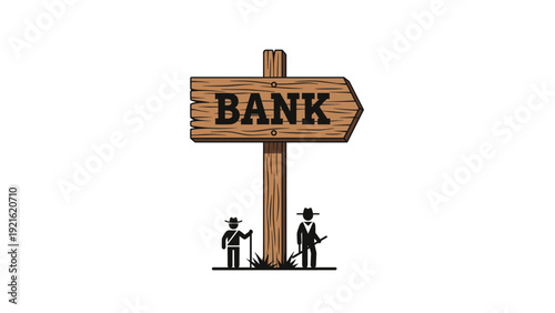 Wooden bank signpost in a wild west style with silhouettes of cowboys standing beneath it for western themed design projects.