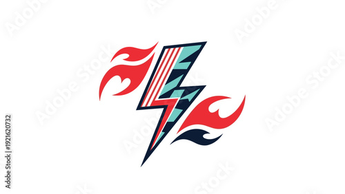 Stylized lightning bolt icon with red flames and teal patterns representing extreme power, energy, and dynamic speed concepts.