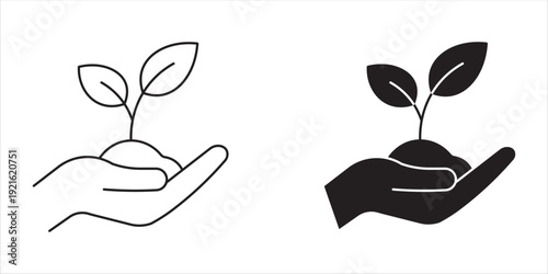 Hand holding a plant icon symbolizing nurturing growth and sustainability , vector illustration . 