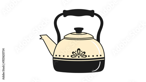 Vintage style cream and black teapot with decorative floral patterns for kitchenware, tea time, and home decor illustration themes.