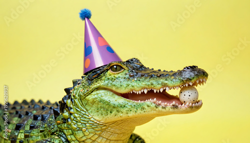 Crocodile portrait wearing a party hat, holding a colorful Easter egg in its mouth, on a neon yellow background, Y2K aesthetic, pop art style, vibrant and playful illustration, digital artwork, card, 