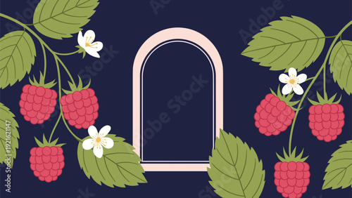 Ripe raspberries on branches with white flowers surrounding a central arch frame for food packaging and organic garden themes.