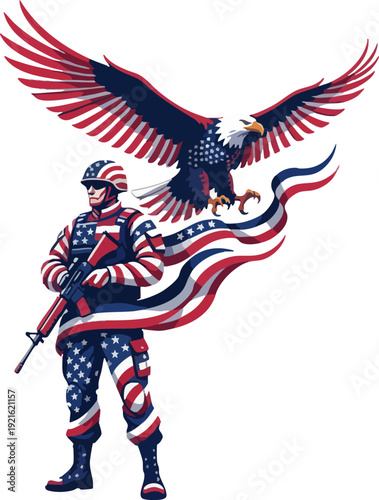 Patriotic American Soldier with Eagle and Flag Design