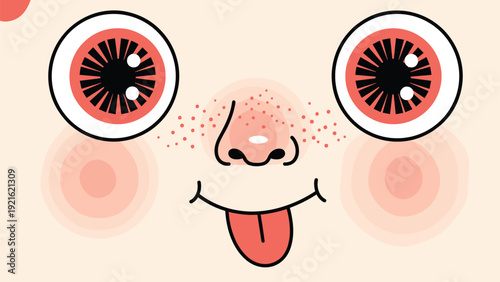 Funny cartoon face features wide red eyes, cute freckles, and a red tongue sticking out in a silly and playful expression.