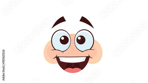 Extremely joyful cartoon face features wide expressive eyes and a large toothy smile showing pure happiness and positive vibes.