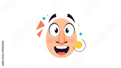 Surprised egg-shaped face character is surrounded by vibrant colorful geometric shapes for a playful and modern design.
