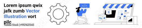Business development, e-commerce, user interface design, workflow, software development, online shopping. Gear, developer coding storefront with packages. Business and e-commerce illustration