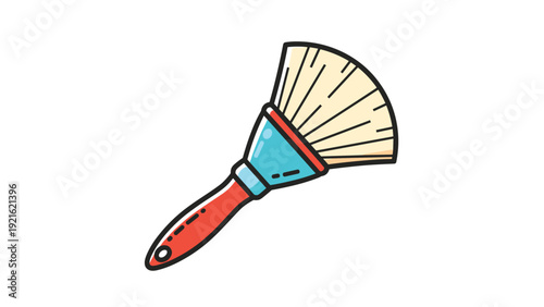 Stylized paint brush with a bright red handle and blue ferrule features light-colored bristles in a clean, flat illustration.