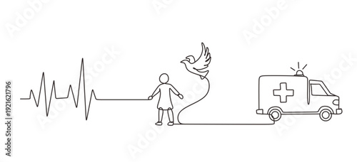 Continuous one line drawing of Gesture  sign of help and hope. Saving lives or emergency accident. Health  care  teamwork. Single line draw design vector illustration