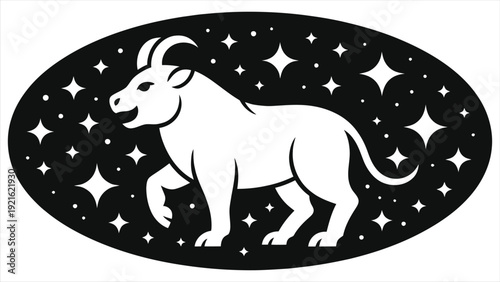 Taurus zodiac sign vector illustration. White bull silhouette inside black oval galaxy texture with stars. Astrology symbol, horoscope icon, space background, black and white design, celestial body