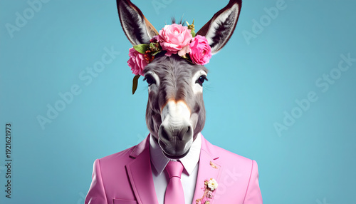 Donkey wearing a pink business suit with pink flowers on its head, anthropomorphic, human-like pose, solid blue background, funny and playful concept photo, whimsical and creative