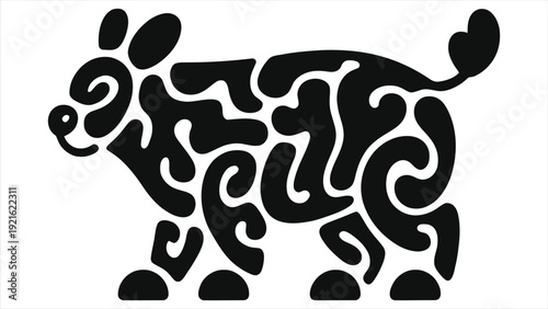 Boho Chinese Zodiac Dog Silhouette Vector – Mystical Tribal Animal Symbol, Abstract Black and White Horoscope Sign Illustration for Astrology Posters, Tattoos, Logos and Modern Spiritual Decor Artwork