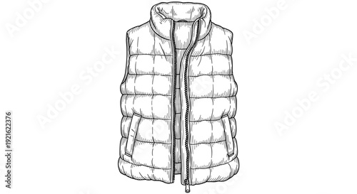 Puffer vest jacket sketch in black and white fashion design