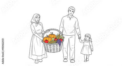 Family Holding Flowers and Basket.