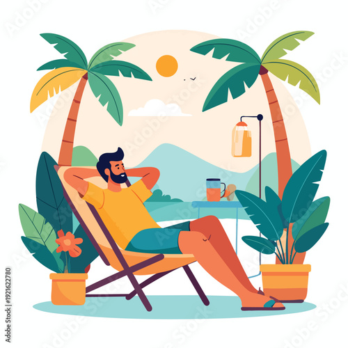 Man relaxing on a tropical beach, reclining in a chair surrounded by palm trees, sipping a drink under a sunny sky
