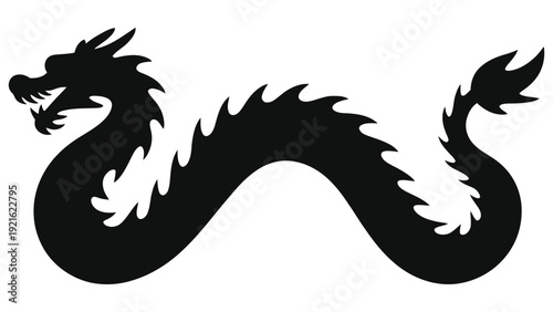 Chinese Dragon Zodiac Silhouette Vector Illustration. Black serpentine mythological beast symbol for Eastern astrology, Lunar New Year, and tattoo design. Isolated graphic element on white background.
