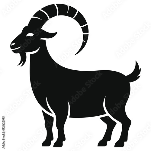 Black silhouette of a goat zodiac sign Capricorn vector illustration isolated on white background. Astrology symbol of the sea goat with curved horns. Minimalist animal icon for horoscope design.