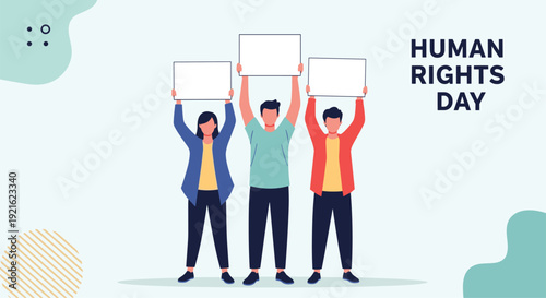 Three diverse individuals stand together holding blank white protest signs to celebrate Human Rights Day in a modern flat illustration style.