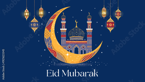 Eid Mubarak celebration with mosque and crescent moon