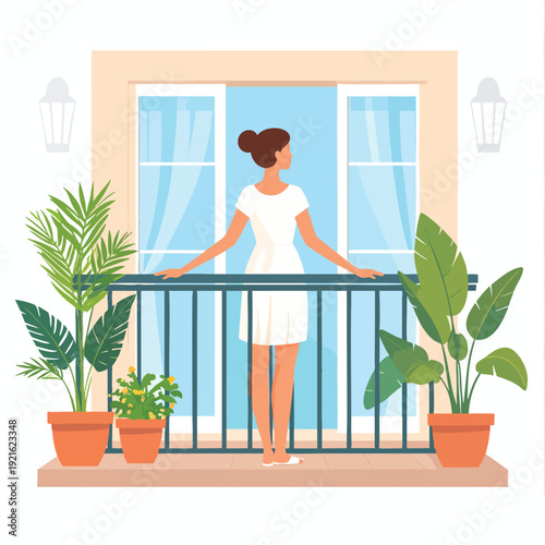 Woman in white dress standing on a balcony surrounded by potted plants and looking outside