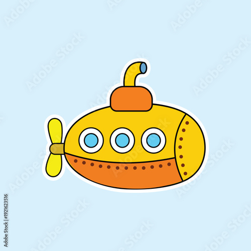 A minimalist hand drawn illustration of a yellow submarine with a periscope on a light blue background. Ideal for nautical icons, children stickers, ocean ads, and marine safety designs.