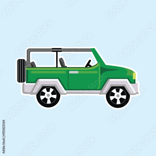 Green SUV Illustration. Flat Cartoon Off-Road Vehicle with Roll Bar and Spare Tire for Adventure and Travel Graphic Design Art.