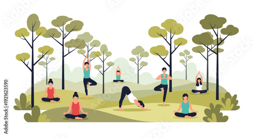 Group of people practices various yoga poses in a peaceful outdoor park setting surrounded by green trees and soft rolling hills.