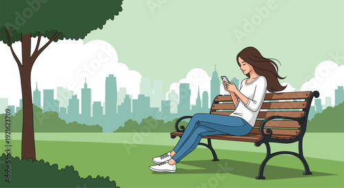 Young woman sits on a wooden park bench using her smartphone with a modern city skyline and green park trees in the background at sunset.