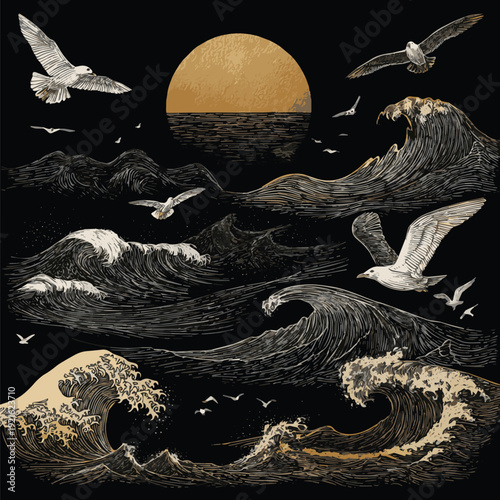 Create a different kinds of abstract collection of sea waves with seagulls and sun vector art with black background